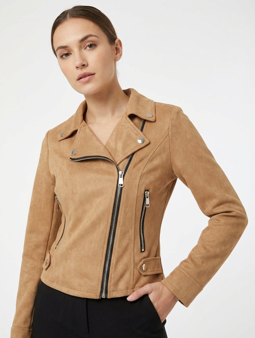 Suède jas met ritssluiting - Kameel