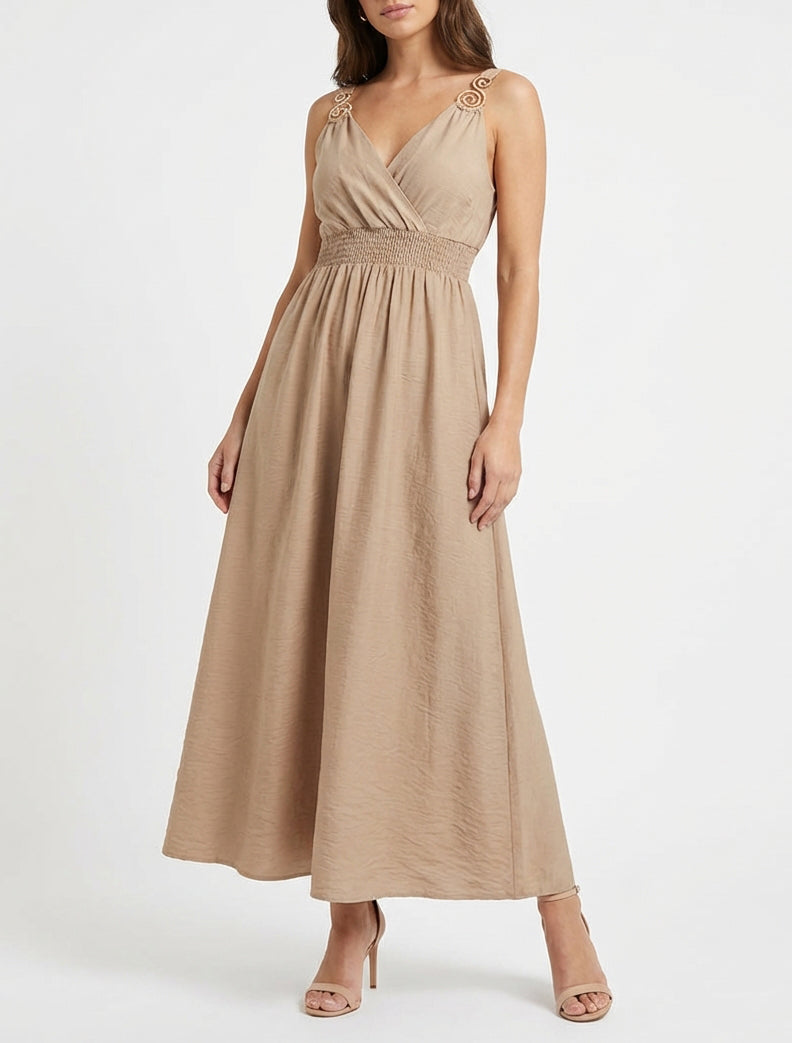 Robe longue à bretelles bijoux - Beige
