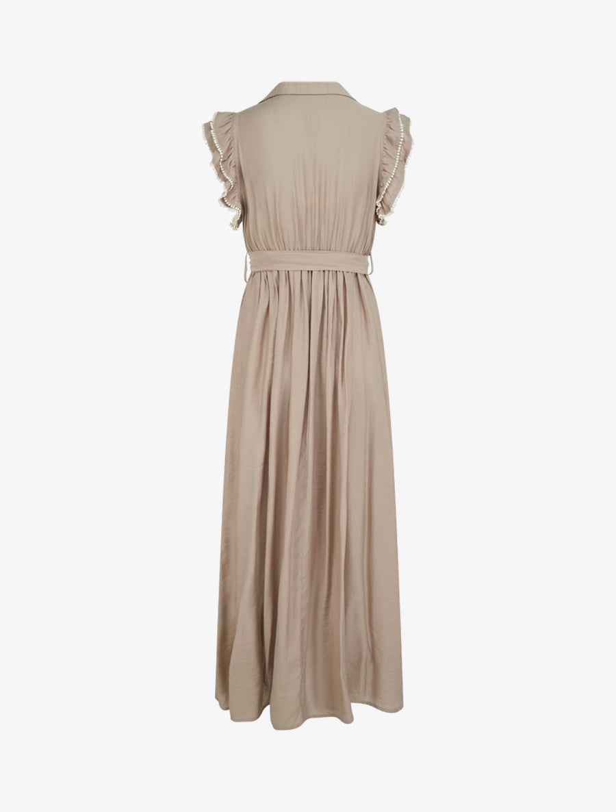 Robe longue à mancherons volantés en crochet - Taupe - 2