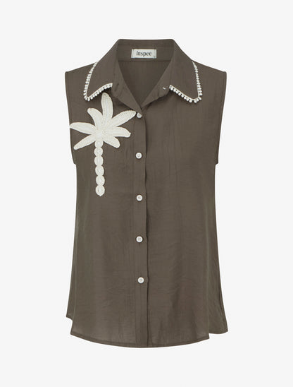 Chemise sans manches à broderie palmier - Marron - 1