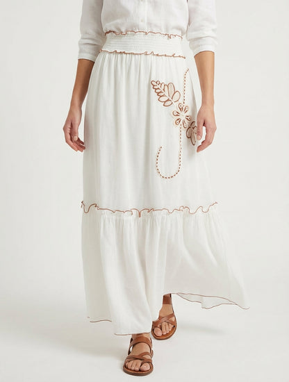 Jupe longue évasée à motif floral brodé - Blanc