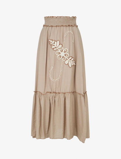 Jupe longue évasée à motif floral brodé - Taupe - 1