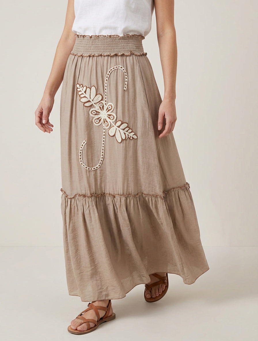 Jupe longue évasée à motif floral brodé - Taupe