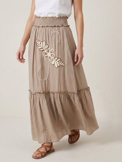 Jupe longue évasée à motif floral brodé - Taupe
