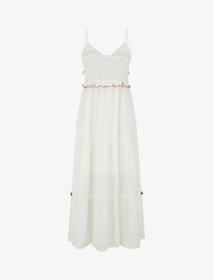 Robe longue à fines bretelles et broderie florale - Blanc - 2