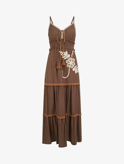 Robe longue à fines bretelles et broderie florale - Marron - 1