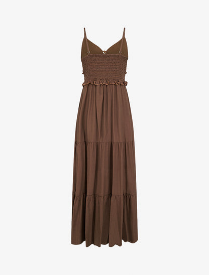 Robe longue à fines bretelles et broderie florale - Marron - 2