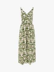 Robe longue à bretelles perlées et imprimé graphique - Kaki - 1