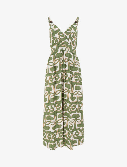 Robe longue à bretelles perlées et imprimé graphique - Kaki - 1