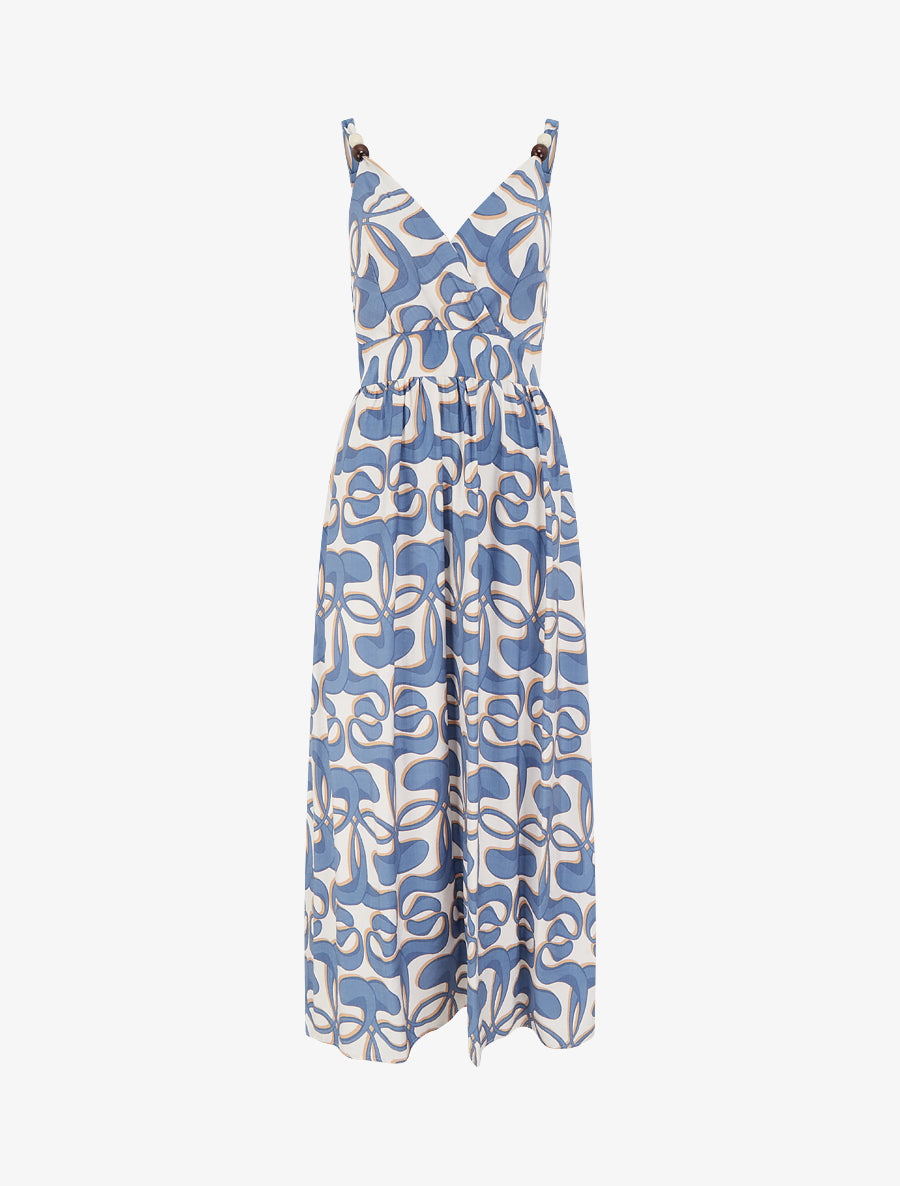 Robe longue à bretelles perlées et imprimé graphique - Bleu - 1