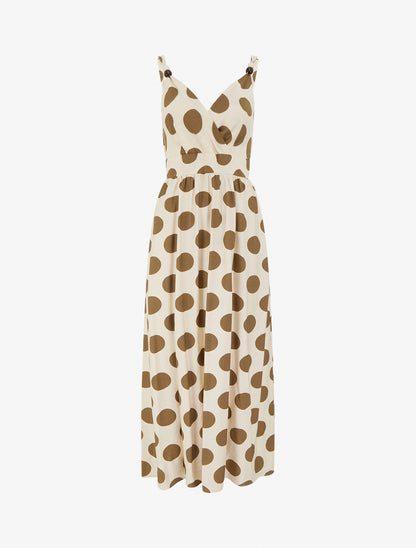 Robe longue à bretelles perlées et imprimé pois - Marron - 1