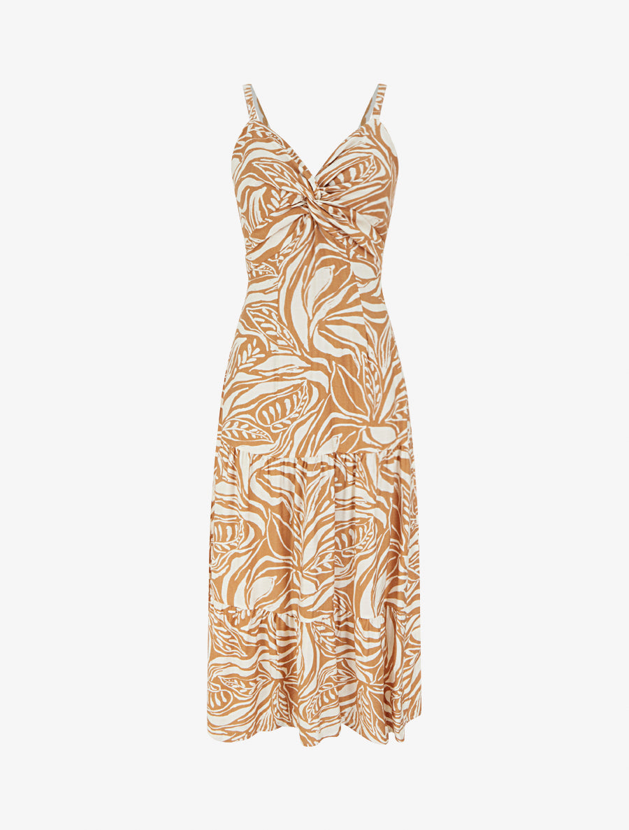 Robe longue à bretelles et imprimé stylisé - Camel - 1