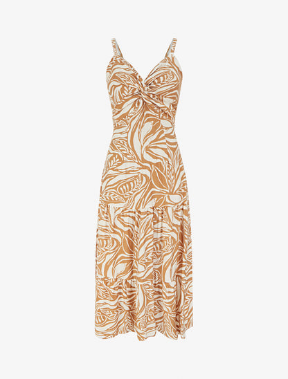 Robe longue à bretelles et imprimé stylisé - Camel - 1