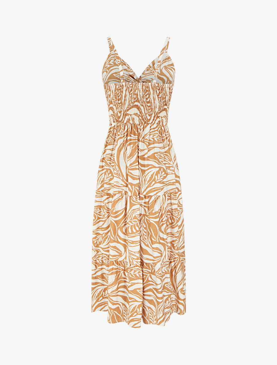 Robe longue à bretelles et imprimé stylisé - Camel - 2