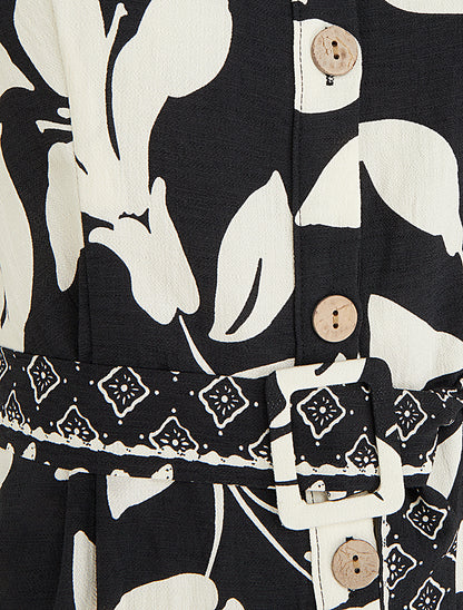 Robe chemise imprimé fleurs tropicales - Noir - 3