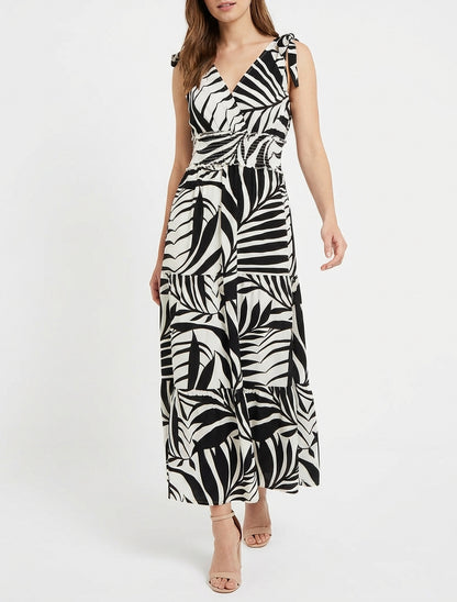 Jurk met bladerenprint en knoopbandjes - Zwart