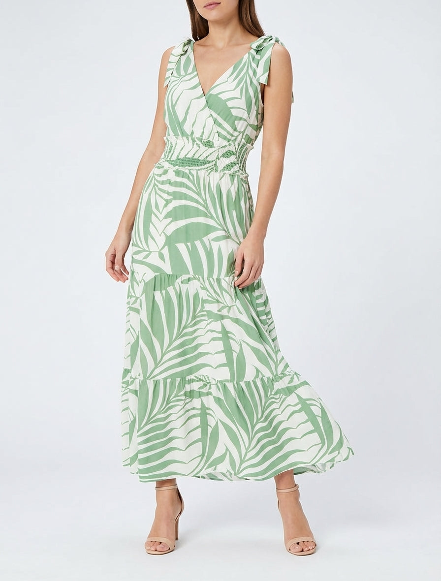 Jurk met bladerenprint en knoopbandjes - Groen