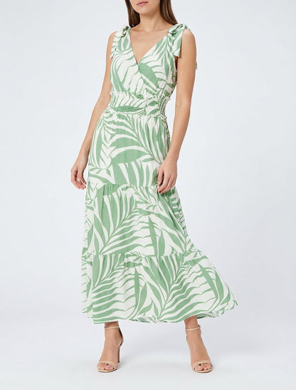 Jurk met bladerenprint en knoopbandjes - Groen