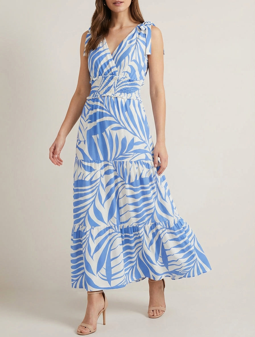 Robe imprimé feuillages à bretelles à noeud - Bleu ciel