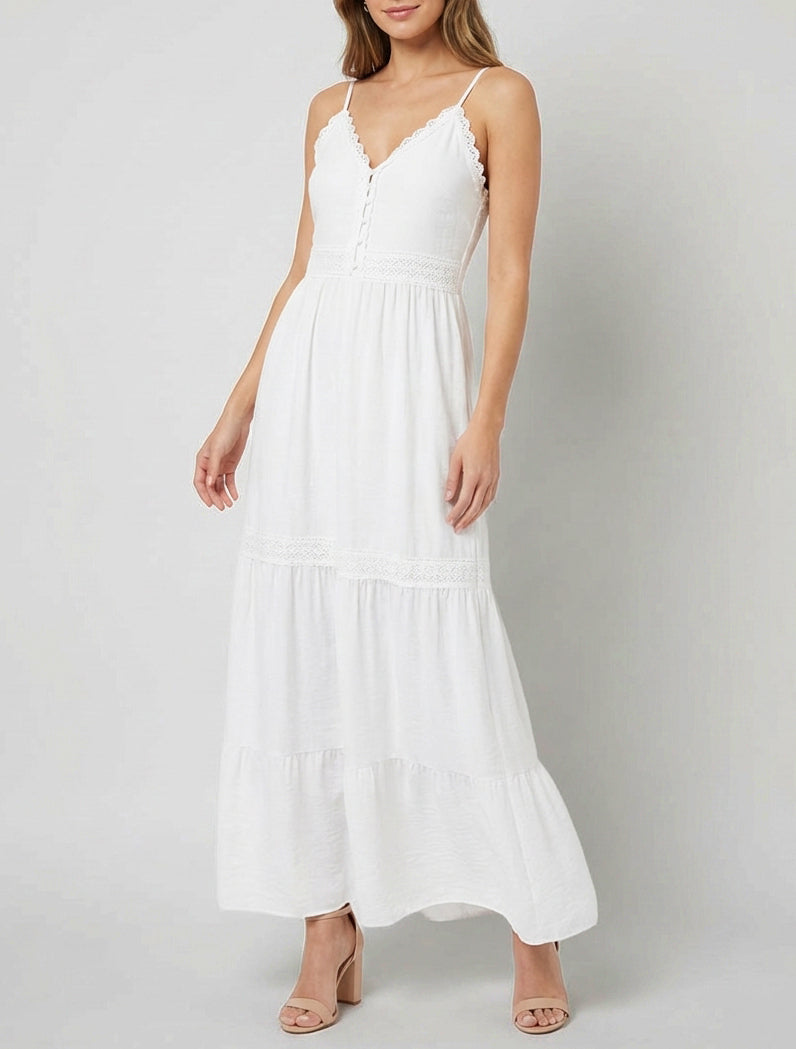 Robe élastiquée à empiècements en crochet - Blanc