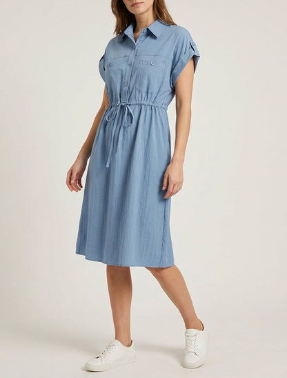 Effen, recht jurk met korte mouwen - Blauw