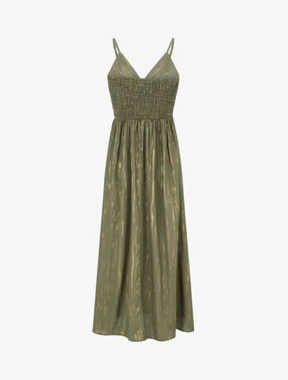 Robe élastiquée unie à détail irisé - Kaki - 2