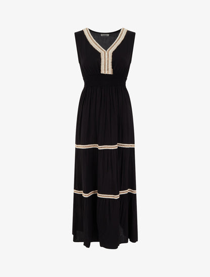 Robe évasée sans manches à col macramé - Noir - 1