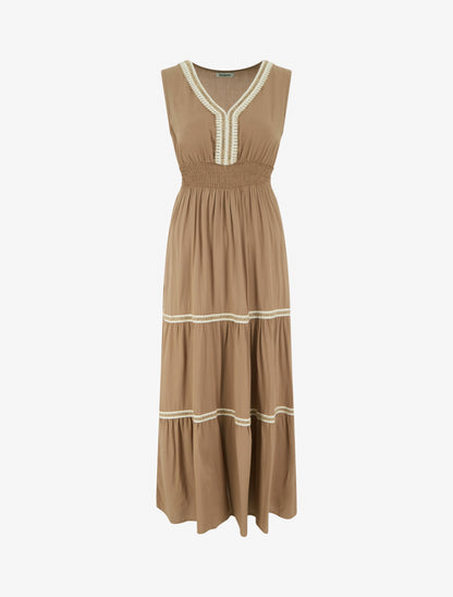 Robe évasée sans manches à col macramé - Marron clair - 1