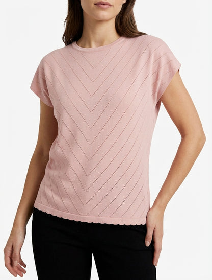 Top uni ajouré à col rond - Rose