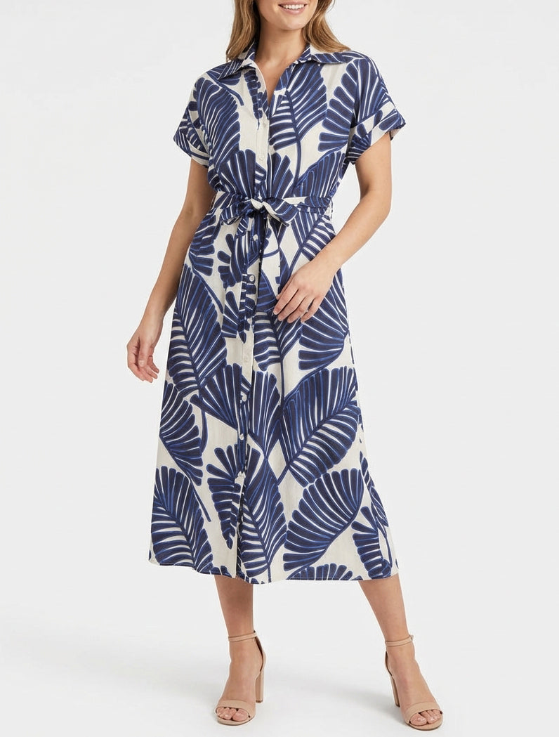 Robe chemise imprimé tropical à manches courtes - Bleu