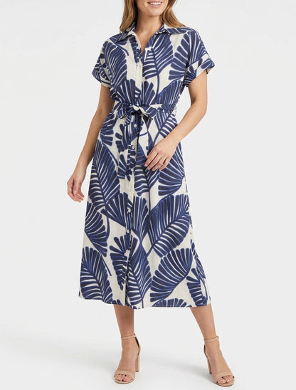 Robe chemise imprimé tropical à manches courtes - Bleu
