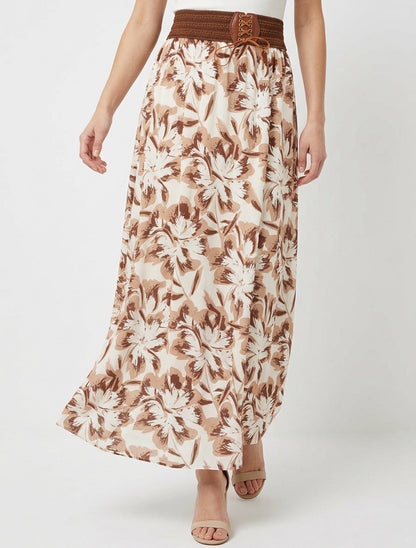 Jupe longue élastiquée imprimé fleuri - Marron