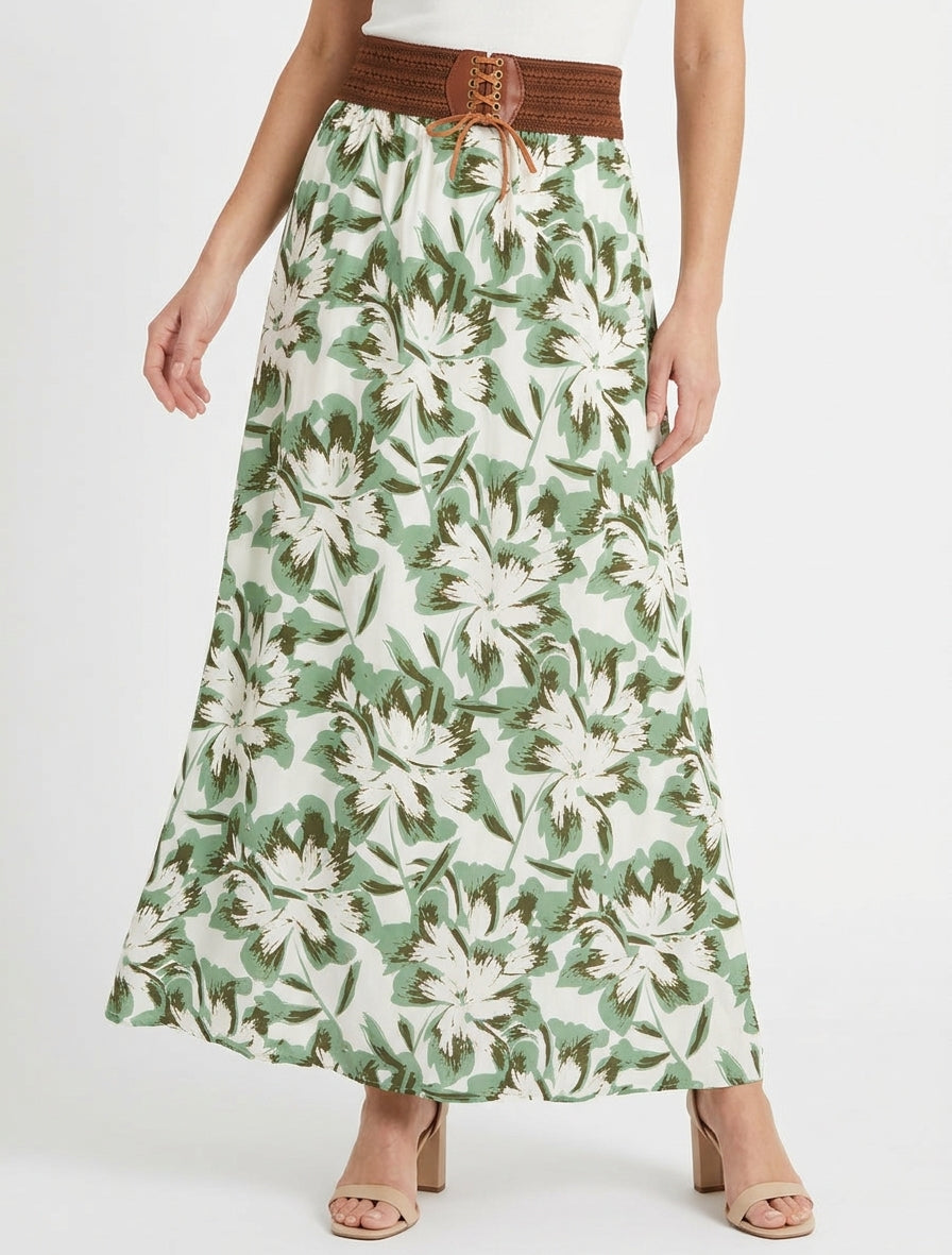 Jupe longue élastiquée imprimé fleuri - Vert