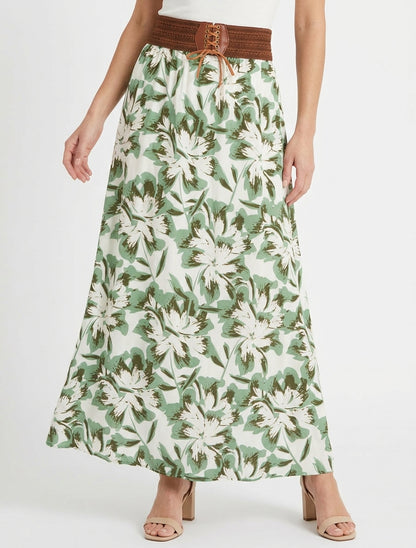 Jupe longue élastiquée imprimé fleuri - Vert