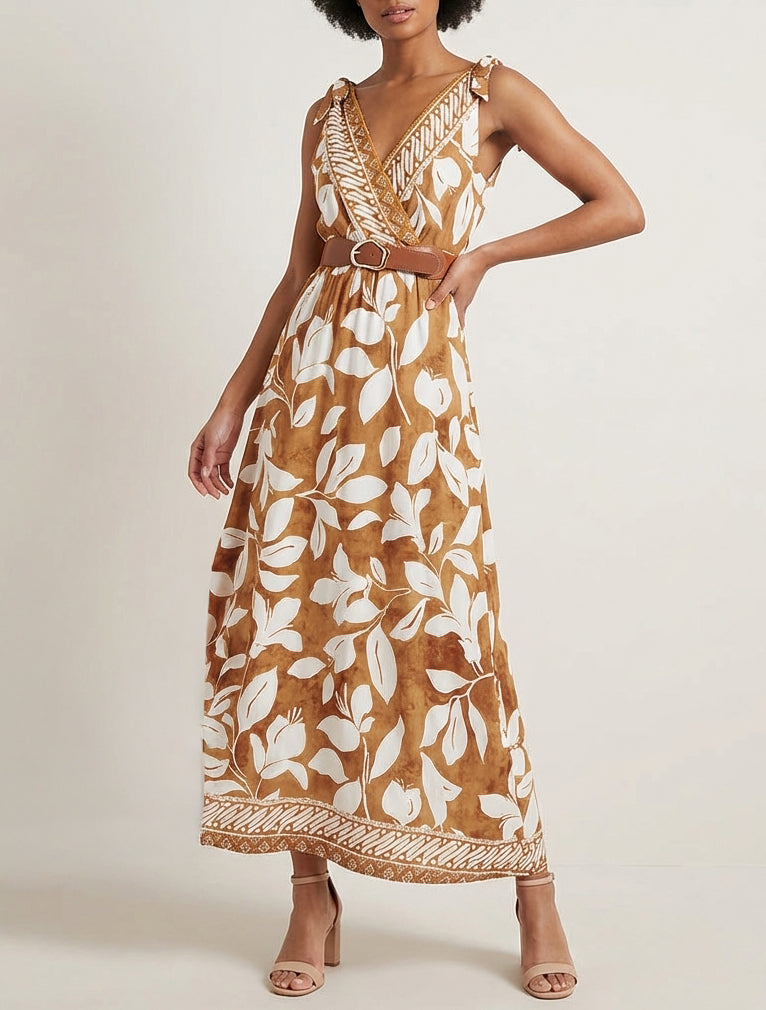 Robe imprimé fleurs tropicales à bretelles à nouer - Camel