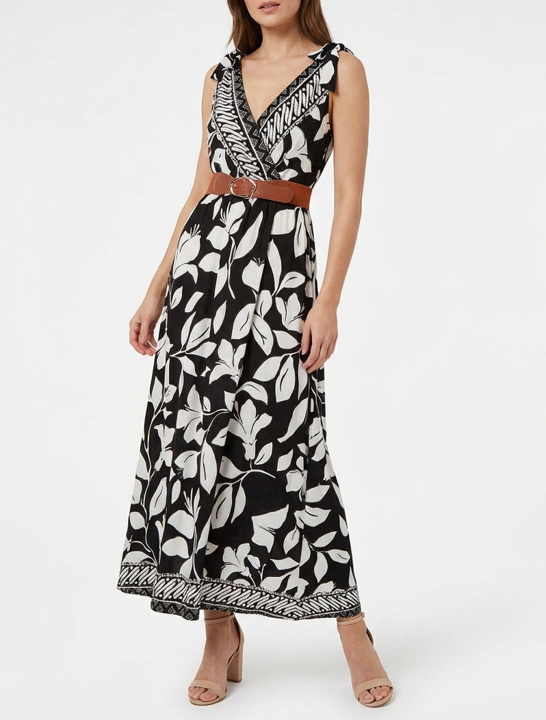 Robe imprimé fleurs tropicales à bretelles à nouer - Noir