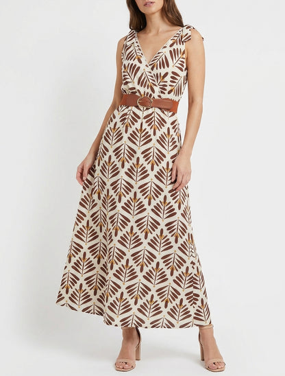 Robe imprimé graphique à bretelles à nouer - Marron