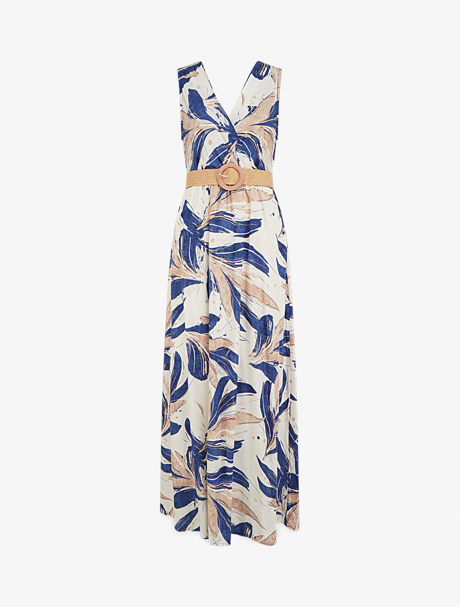 Robe longue évasée sans manches imprimé fantaisie - Bleu - 1