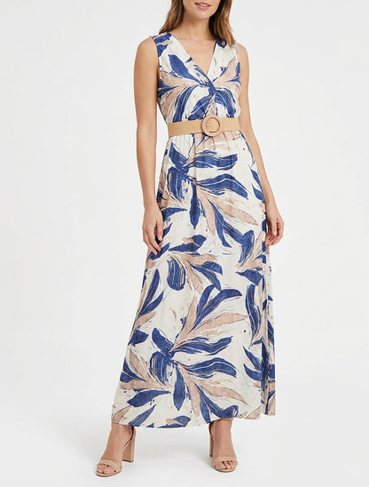 Mouwloze lange uitlopende jurk met fantasieprint - Blauw