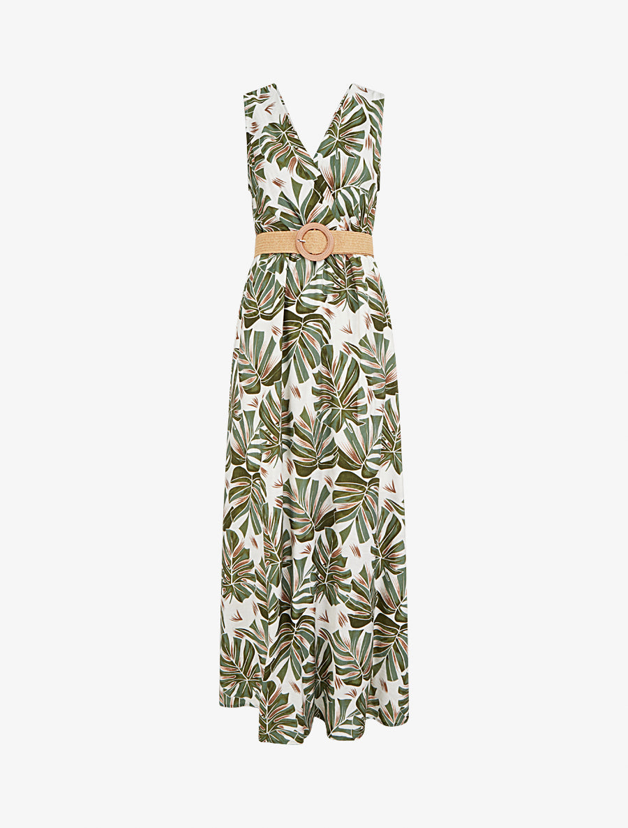 Robe longue évasée sans manches imprimé tropical - Kaki - 1