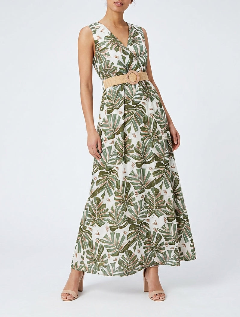 Robe longue évasée sans manches imprimé tropical - Kaki