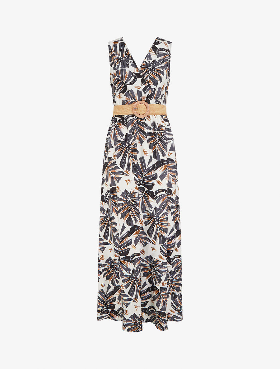 Robe longue évasée sans manches imprimé tropical - Noir - 1