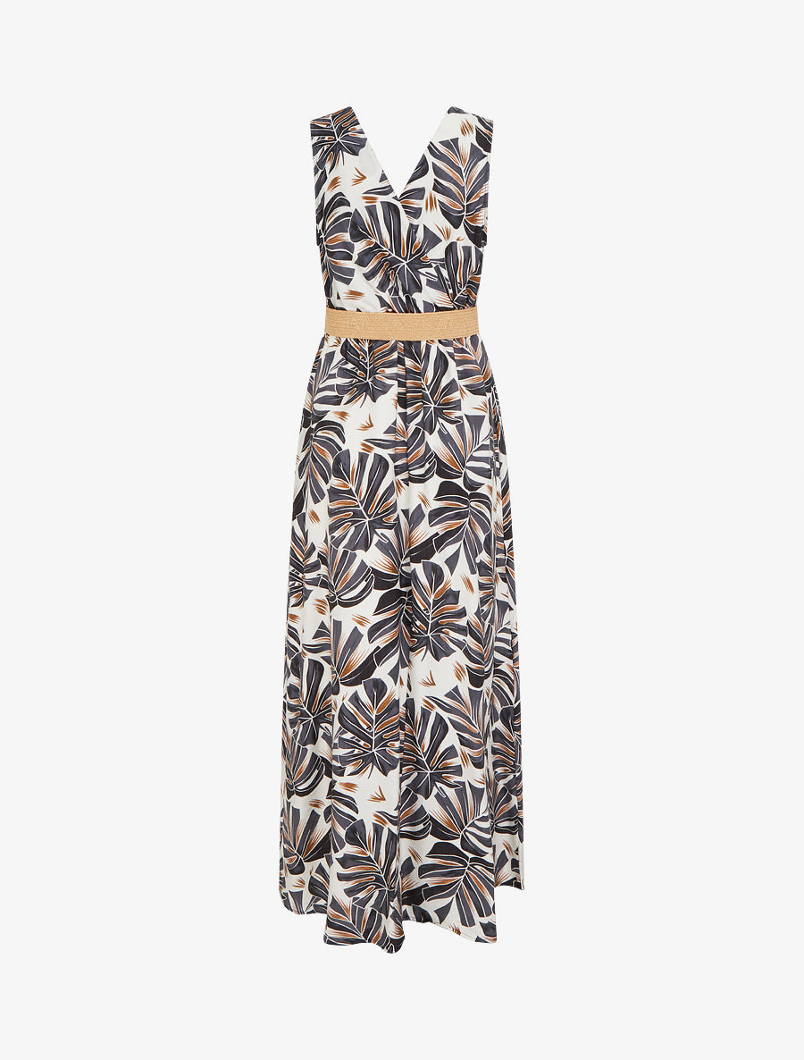 Robe longue évasée sans manches imprimé tropical - Noir - 2