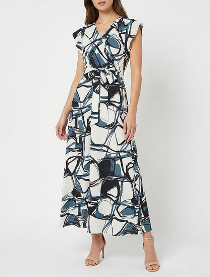 Lange uitlopende jurk met fantasieprint - Blauw/wit