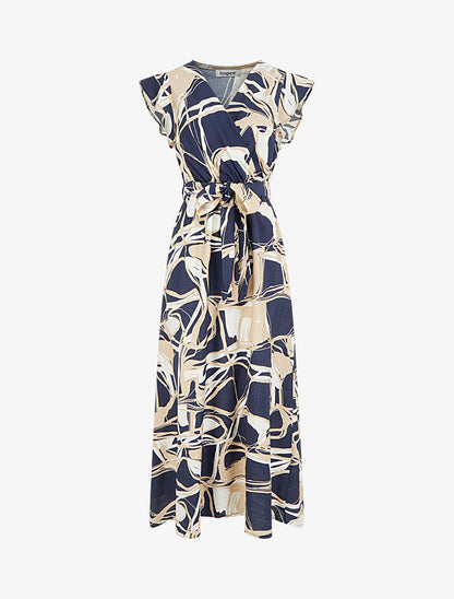 Robe longue évasée imprimé fantaisie - Marine - 1