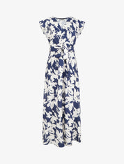 Robe longue imprimé fleurs tropicales à manches courtes - Marine - 1