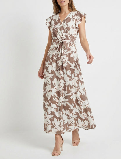 Lange jurk met tropische bloemenprint en korte mouwen - Bruin