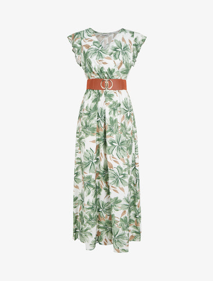 Robe longue imprimé fleuri à manches courtes - Vert - 1