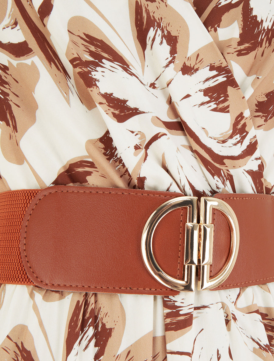 Robe longue fleurie à mancherons volantés - Marron - 3