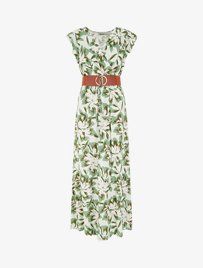 Robe longue fleurie à mancherons volantés - Vert - 1